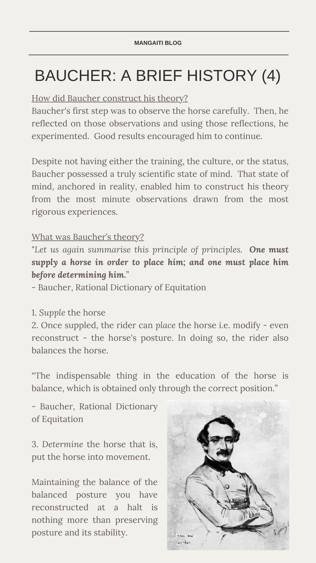 Baucher: A Brief History (4) — Baucher's theory of equitation: supple, place, determine